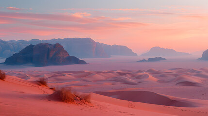 Wall Mural - A photo featuring a serene desert landscape at dawn. Highlighting the shifting sand dunes under the soft glow of morning light, while surrounded by distant mountains