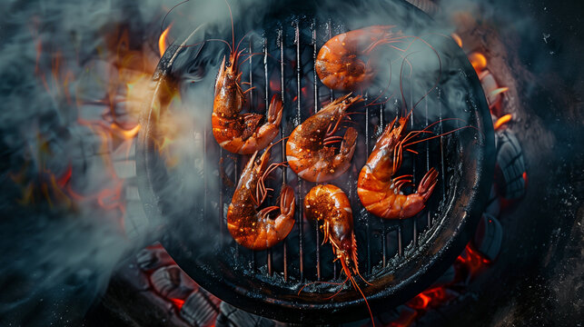 Large fresh prawns, bathed in spices, grilled over hot coals with billowing smoke. Ai generated Images
