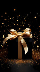 Wall Mural - Elegant black gift box with gold ribbon