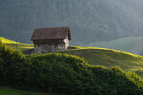 Old house, old building, historical retro architecture, traditional alps house on green scenery, old house. Wooden vintage House in European Alps. Old Cabin in the mountains.