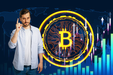 Aufkleber - Thoughtful young businessman with creative glowing digital bitcoin on dark tech background with forex chart and arrows. Broker and futuristic banking concept.