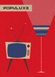 Populuxe Furniture. Mid Century Modern Interior Illustration. TV Set, Floor Lamp, 1950s - 1960s Colors, Shapes. Aged Paper Texture 