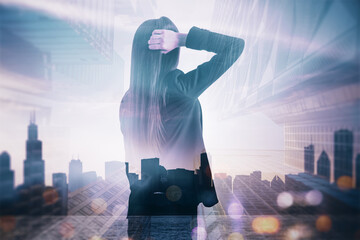 Canvas Print - Back view of pensive young businesswoman standing on blurry airy city background with mock up place. Future, tomorrow and success concept. Double exposure.