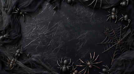 A black background with a spider web and many black spiders