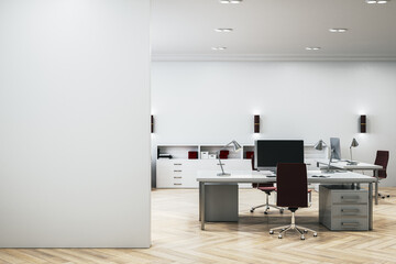Poster - Modern wooden and concrete coworking office interior with blank mock up place on wall. Workplace concept. 3D Rendering.