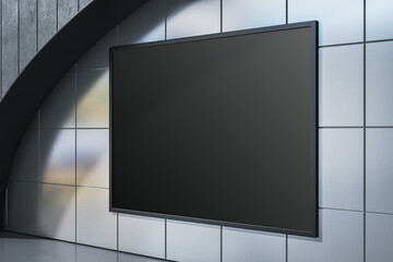 Poster - Modern underground interior with empty black mock up frame on tile wall. 3D Rendering.