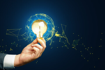 Aufkleber - A hand holding a light bulb with digital network lines and nodes overlay, on a dark blue background, representing the concept of innovative ideas