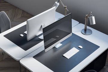 Poster - Close up and above view of designer office desk with mock up computer display on white desk, rug, lamp and other items. Mock up, 3D Rendering.