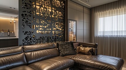 Wall Mural - A sleek living room with a laser-cut metal partition, a built-in wine rack, and a two-tone leather couch