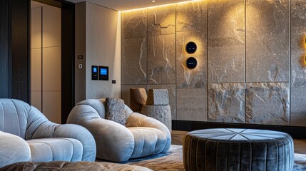 Wall Mural - A sleek living room with a built-in smart home control system, a wall of sculptural stone panels, and a set of plush velvet seats