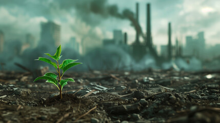 A houseplant in a polluted environment serves as a symbol of hope amidst an environmental cataclysm.