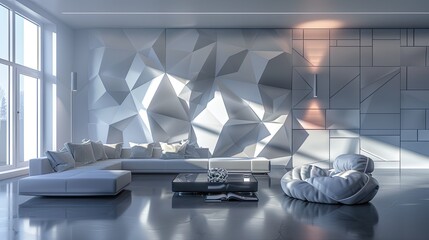 Wall Mural - A sleek, modern living room with dynamic geometric patterns on the walls, innovative silicone furniture, and integrated smart home technology for an interactive environment