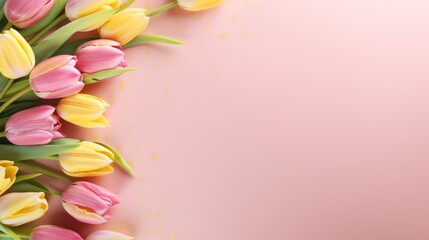 Pink and yellow tulips and white rectangular paper note frame on pink table texture background.