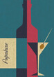 Mid Century Modern Style Illustration. Vermouth Bottle, Cocktail Glass with Olive. 1950s - 1960s Colors, Shapes. Aged Texture Pattern. 