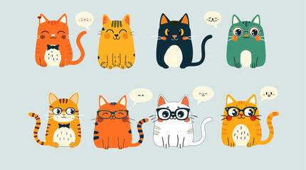 Canvas Print - set of cute and happy cats. Comic happy cat face character with glasses, speech bubbles, emotions in flat color. For stickers, comics, prints, covers, etc.