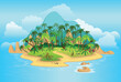 Cartoon tropical island with palm trees. mountains, blue ocean, flowers and vines. Vector illustration.
