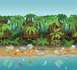 Dirty beach with garbage. Island beach with bungalows and palm trees. Side view, game background.
