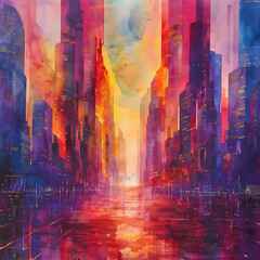 Wall Mural - A painting of a cityscape with a bright orange sky