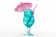 A vibrant blue drink with ice, garnished with a pink umbrella and straw, symbolizing summer refreshment