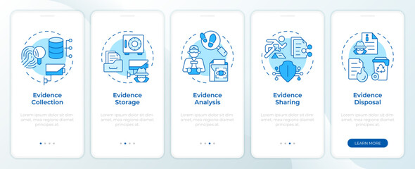 Wall Mural - Evidence organization blue onboarding mobile app screen. Walkthrough 5 steps editable graphic instructions with linear concepts. UI, UX, GUI template. Montserrat SemiBold, Regular fonts used