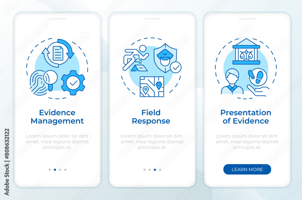 Evidence process blue onboarding mobile app screen. Walkthrough 3 steps ...