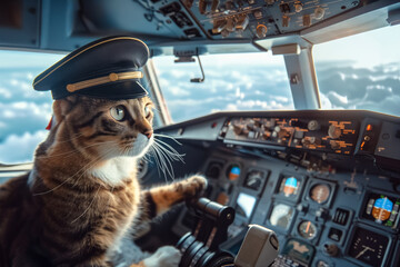 A tabby cat dressed as an airline pilot controls the cockpit of a plane, soaring high above the clouds.