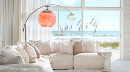 Wall Mural - A living room in a beach house features a pale coral glass floor lamp with nickel details.