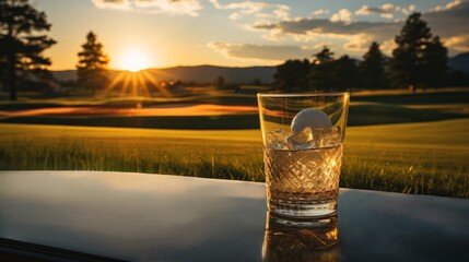 White golf ball in the glass of whiskey cocktail, Enjoy the view with a refreshing drink in hand. The perfect way to end a day on the golf course.