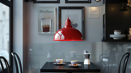Wall Mural - Glossy red pendant dangles elegantly above a black table in a coffee shop.