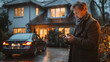 © LomaPari2021 - Man looks at smartphone wearing a suite standing near to his car, the car is from behind.generative ai
