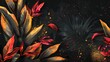 The tropical black gold leaves on dark background is surrounded by a golden smear of leaves reminiscent of tropical jungles. An exotic red heliconia flower is featured on the invitation card.