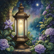 a fairy tale garden with brightly lit lanterns and flowers, oil painting