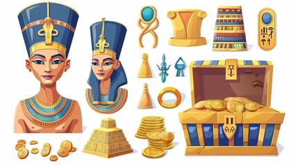 Wall Mural - Modern cartoon set of ancient Egyptian culture symbols, including Nefertiti's statue with hieroglyphs and a treasure chest full of gold coins and gemstones.