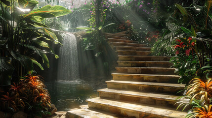 Wall Mural - Sunlit staircase amid exotic plants in a greenhouse, soothing sounds of a waterfall close by.