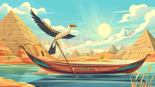 modern illustration of an ancient egyptian wooden boat with oars for a sun god trip. egyptian cultur