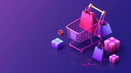 Isolated shopping carts with bags, isometric modern illustration for landing page for a mobile app. Isolated shopping carts with bags on ultraviolet background.