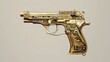 Stylized golden engraved pistol with intricate scrollwork on an isolated white background