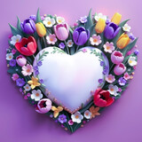 Fototapeta Tulipany - Heart shaped frame with flowers, 3d floral illustration, happy mothers day template with blank copy space