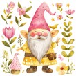 Whimsical Garden Gnome with Flowers and Bird Clipart