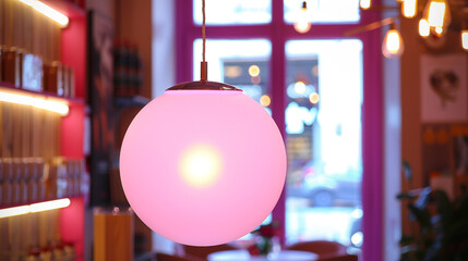 Wall Mural - Fuchsia light source inside a large opaque white globe pendant in a boutique.