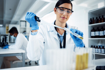 Aufkleber - Woman, vial liquid or scientist in lab for medical innovation, life expectancy and antiaging medicine. Future, test and healthcare biologist with chemistry tube in research or science examination
