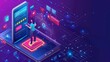 © Mark - It's a review and rating isometric landing page. Clients leave feedback and star rating in mobile app and rate services. Modern illustration, web banner.