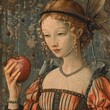 Classical Painting of Young Woman with Apple in Medieval Dress