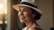 Close up of Beautiful woman 55 years with old short brown hair, wearing white panama hat short brim