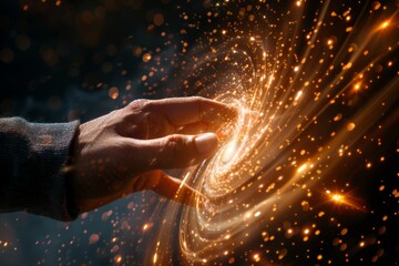 Poster - First contact. hand touching spinning vortex of light particles, neuronal network concept