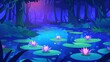 Water lilies in a swamp or lake with an ooze-covered wild pond and thick forest. Computer game background with mystic scenery view. Cartoon illustration.