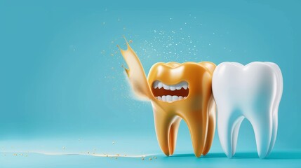 Wall Mural - This realistic 3D modern illustration shows a set of clean and dirty teeth in a process of whitening and clearing them. Dental and oral cavity health care, enamel restoration, toothpaste advertising