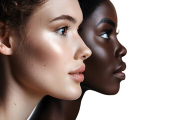 Diversity concept. Banner of half face woman, african and caucasian females on isolated transparent background