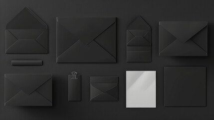 Wall Mural - A set of black envelopes template, blank closed and open craft paper covers of various sizes, letter package with white sheets. Mock up of a folder for business documents and messages, real 3D modern