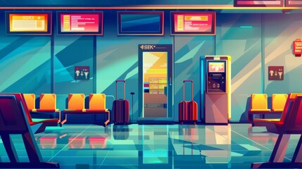 Vacant airport terminal interior with chairs, luggage, security scanner, schedule display, vending machine, seats, metal detector, cartoon modern illustration.